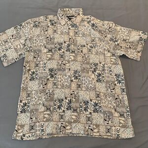 Utopia Shirt Mens Large Beige Blue Hawaiian Floral Block Print Button Up‎ Casual